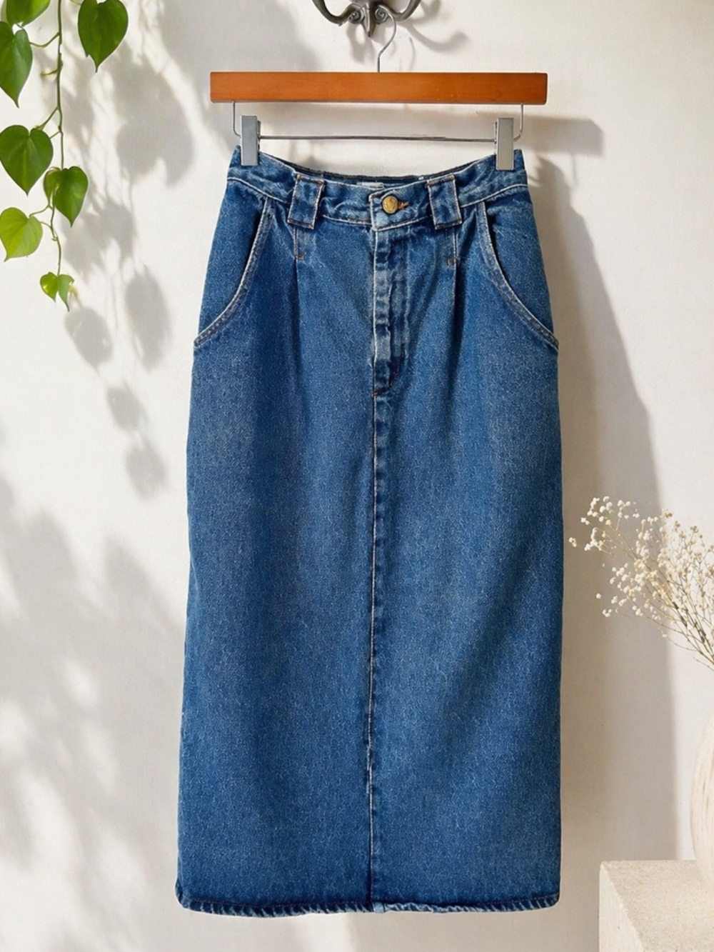 90s Minimalist Denim Midi Skirt | High Rise Straight Vintage